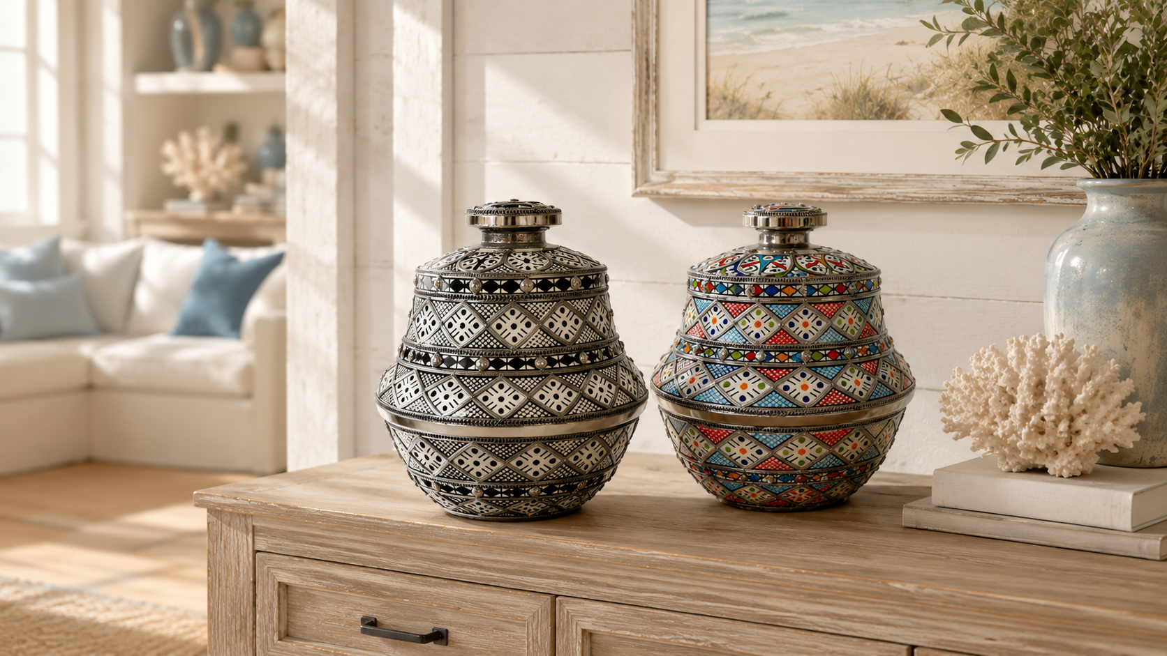 Black-and-white and colorful vessels styled together.