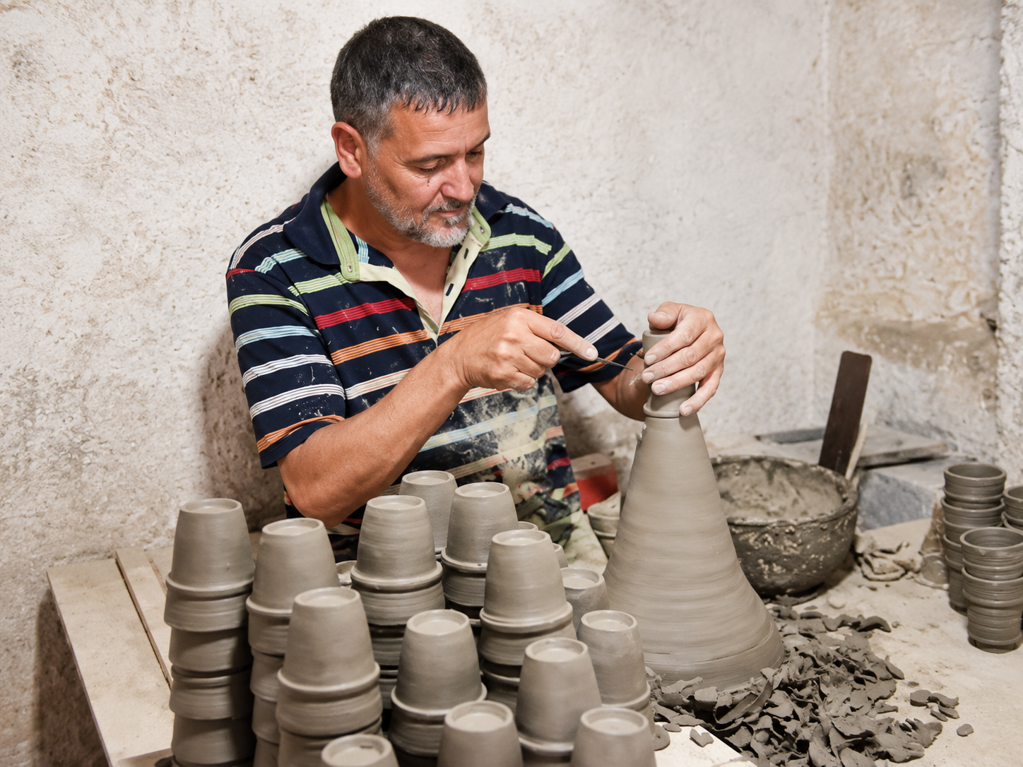 An artisan shaping clay forms in Abderrahim’s workshop.