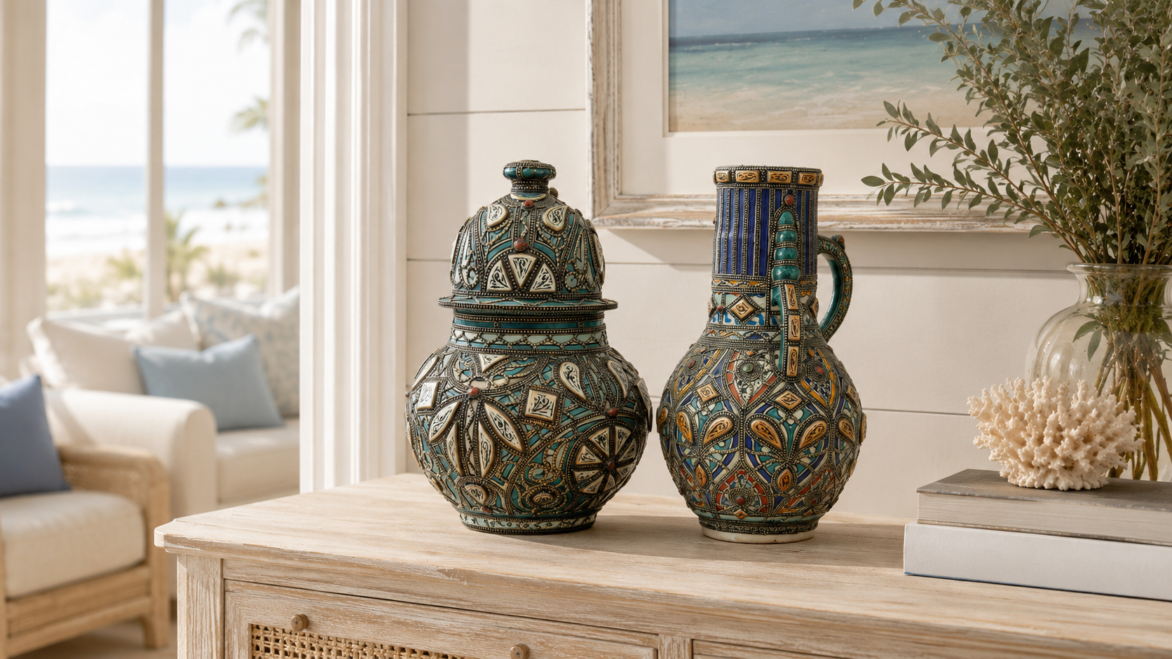 Turquoise vase and handled vessel in an airy interior.