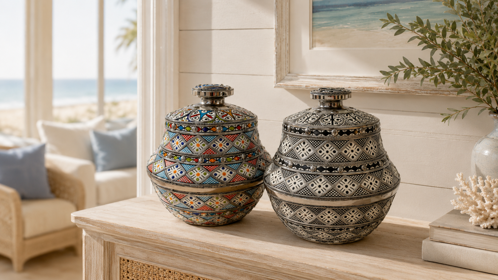 Colorful and black-and-white vessels, angled lifestyle view.