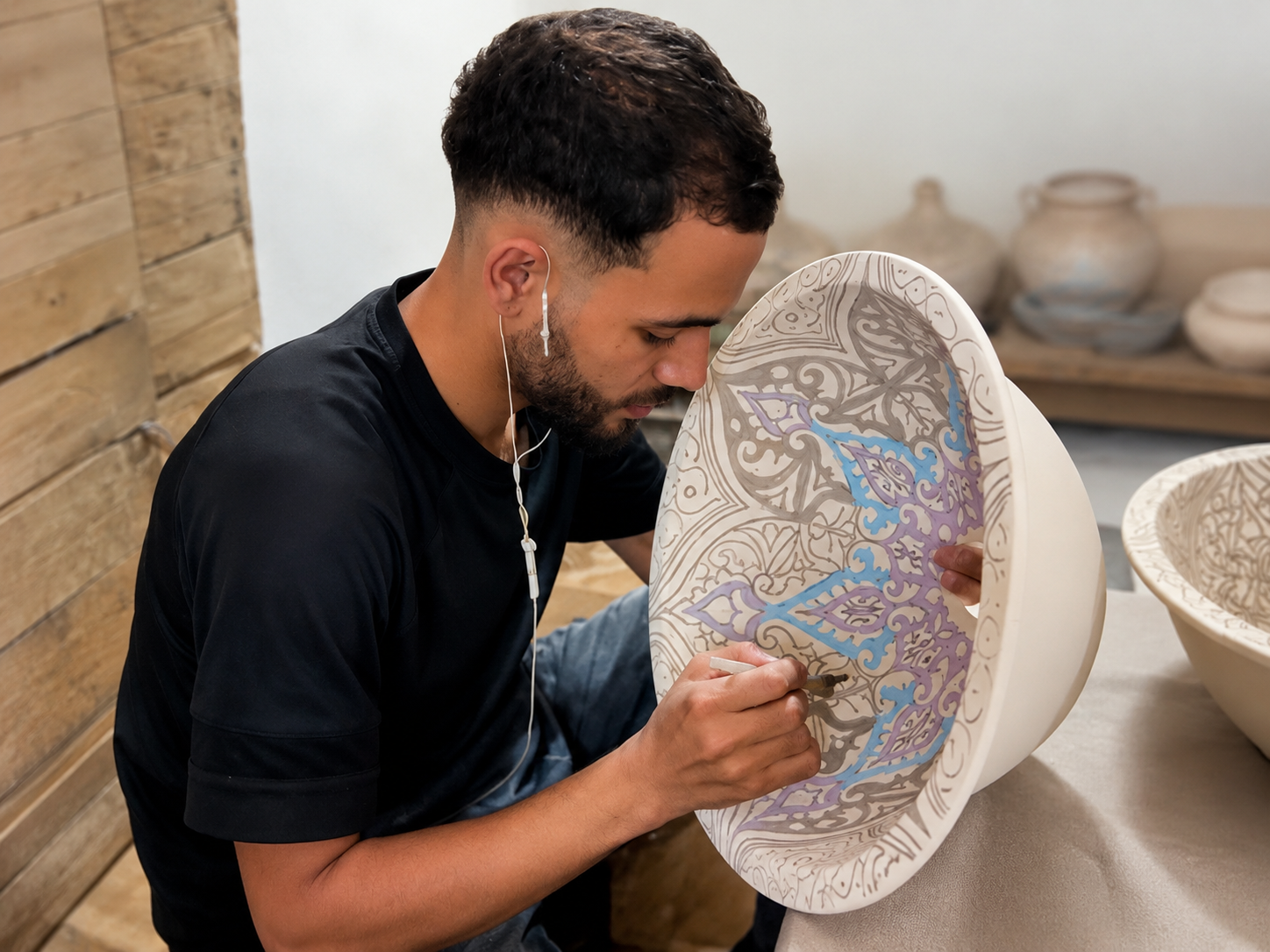 An artisan in Abderrahim’s workshop hand-painting a ceramic bowl.
