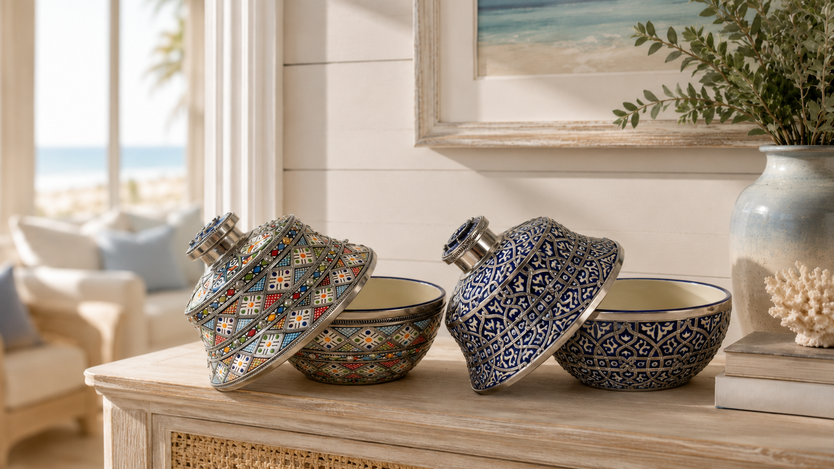 Open colorful and blue bowls on a console.