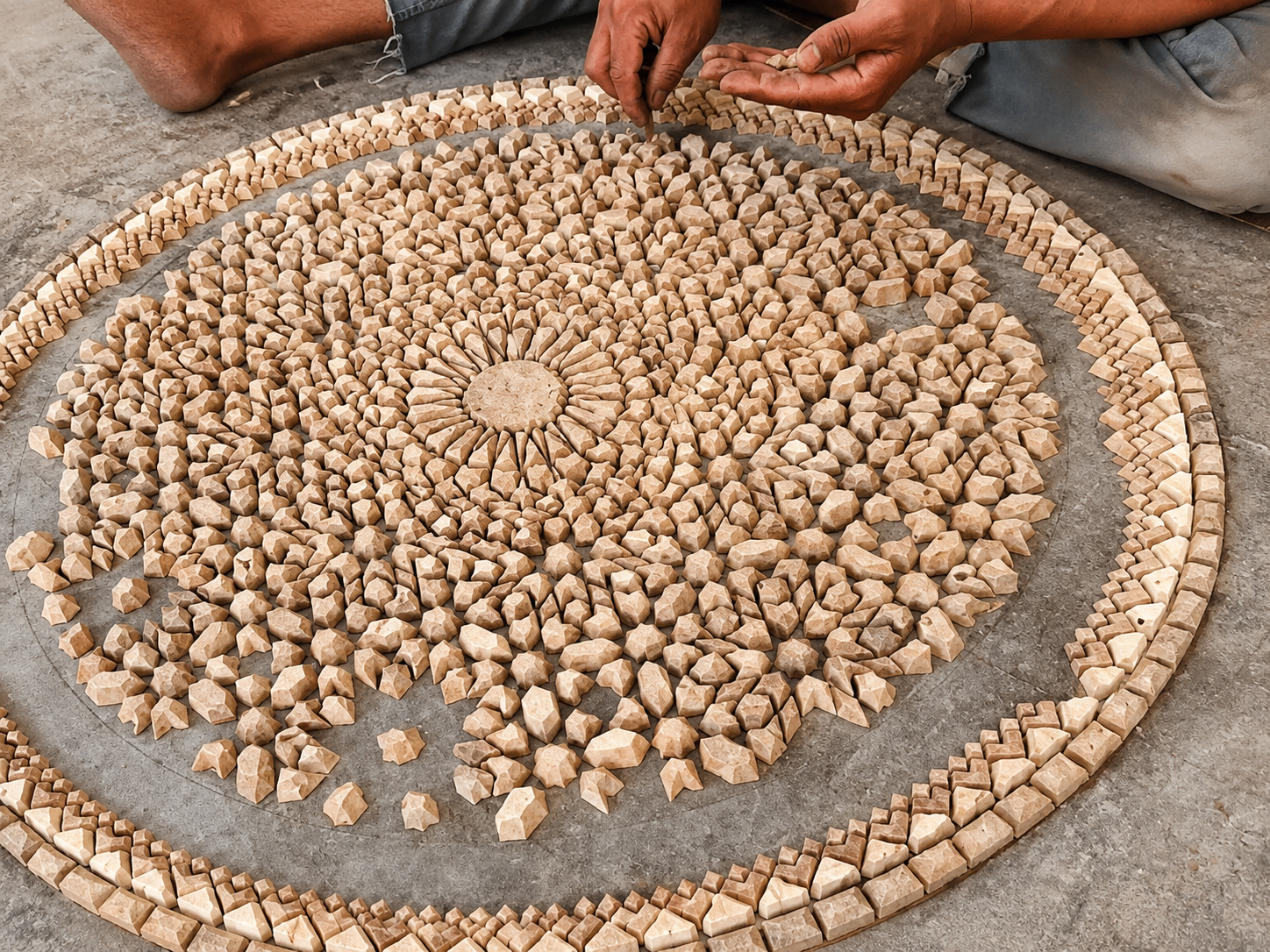 Hands placing mosaic-style pieces into a circular pattern.
