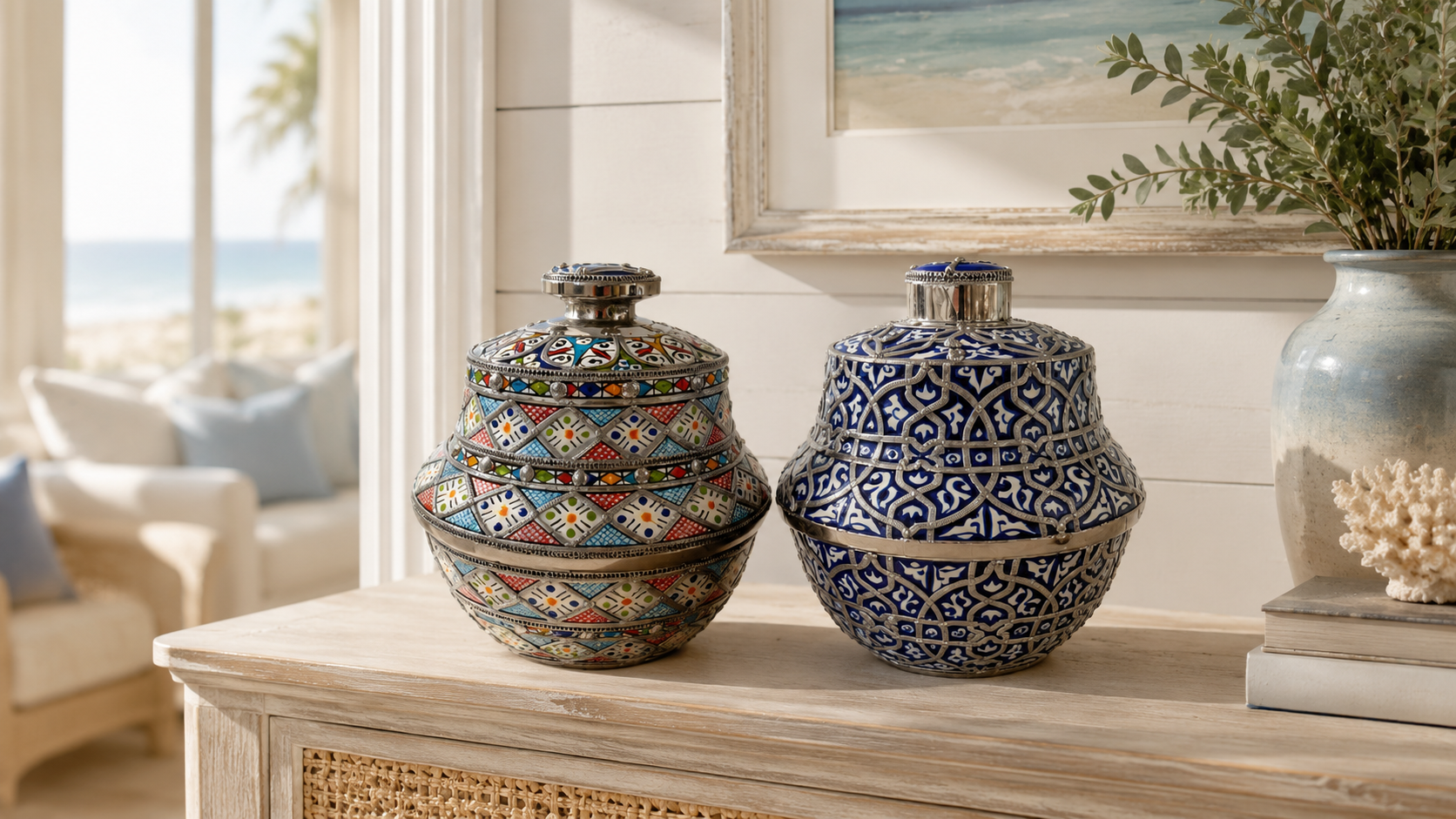 Colorful and coastal-blue vessels in a sunlit beach house.